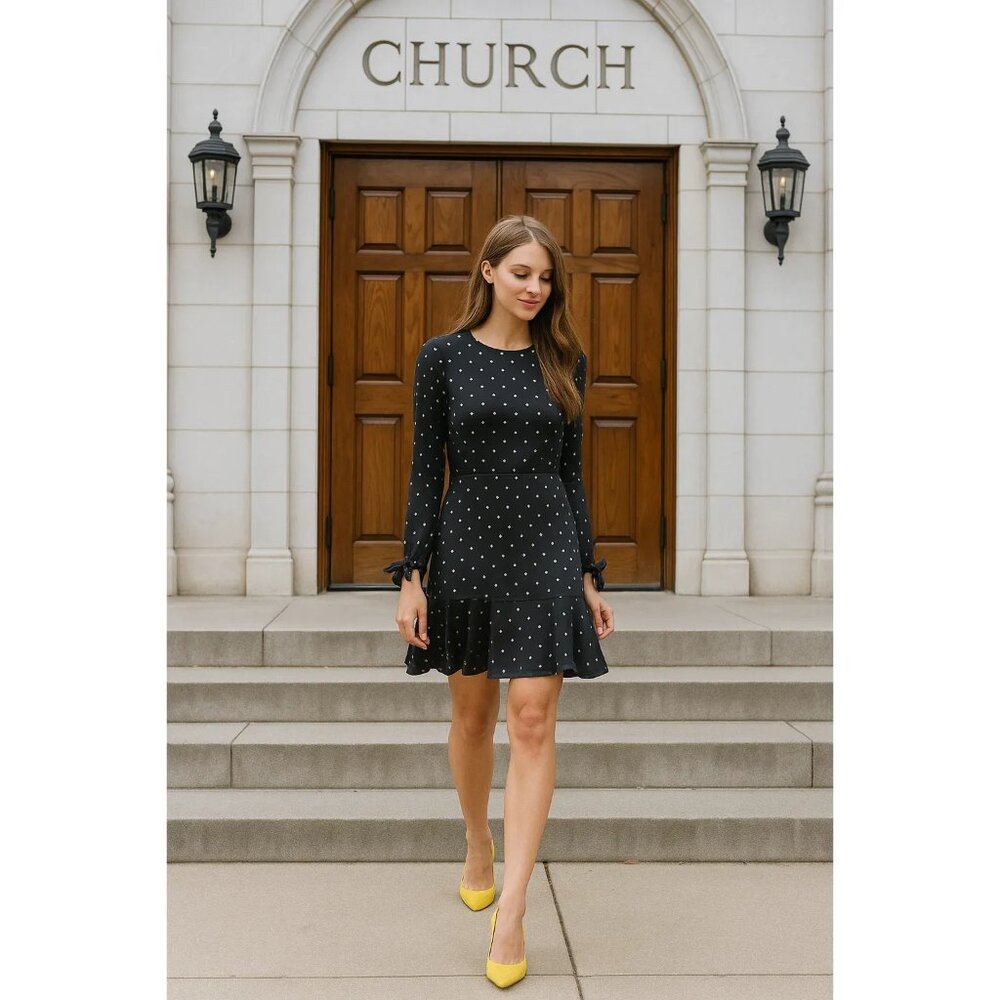 Gianni Bini Black & Gold Polka Dot Dress Size Small Bow Sleeve Ruffle Hem NWT